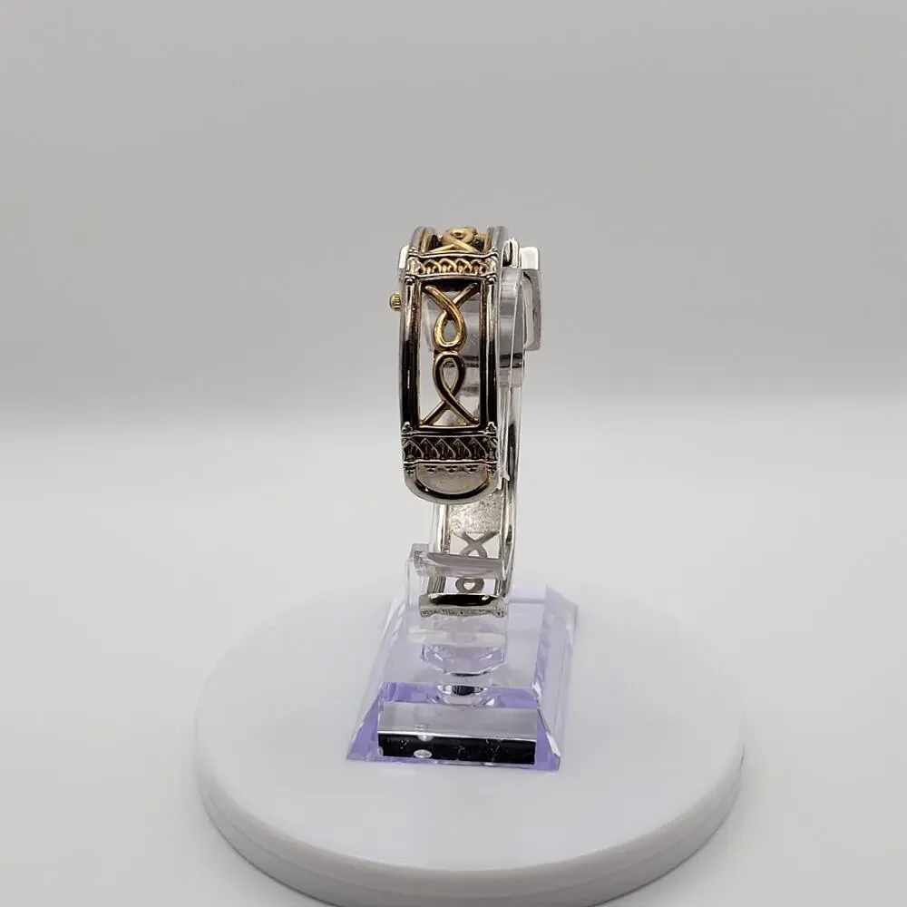 Vivani Women's Bangle Watch Two Tone Silver Gold Celtic Filigree Square Dial